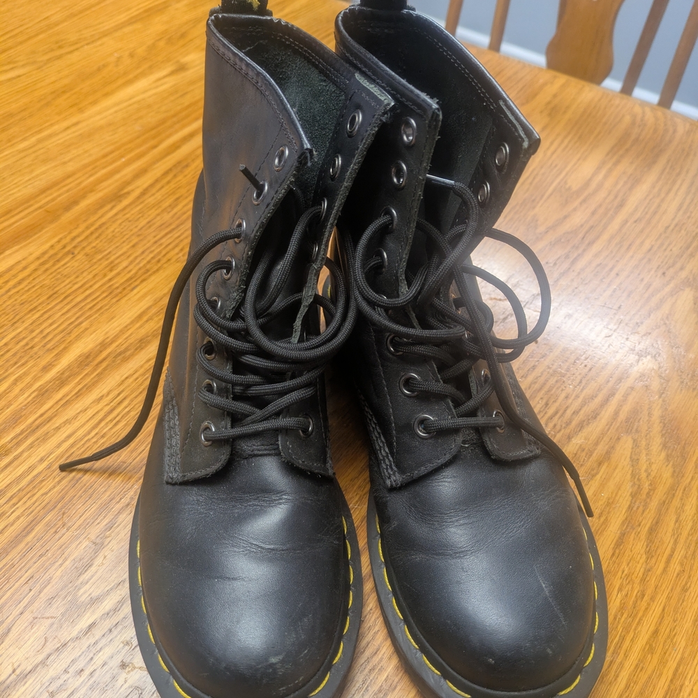 Black Leather Combat Boots with Yellow Stitching